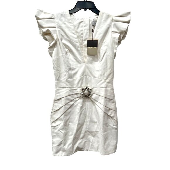 Iorane Supper Brooch Detail Ruffle Plunge Minidress, Size M NWT w/Defect - Picture 3 of 12